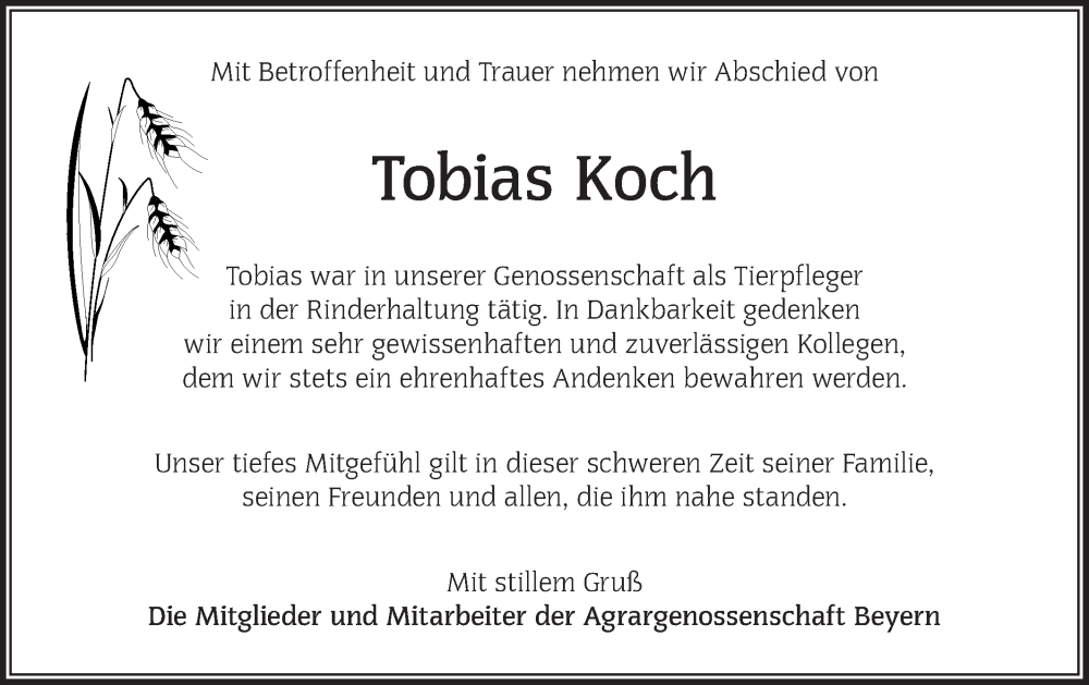  Traueranzeige für Tobias Koch vom 06.12.2025 aus Lausitzer Rundschau