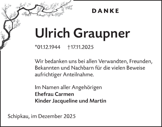 Traueranzeige von Ulrich Graupner von Lausitzer Rundschau