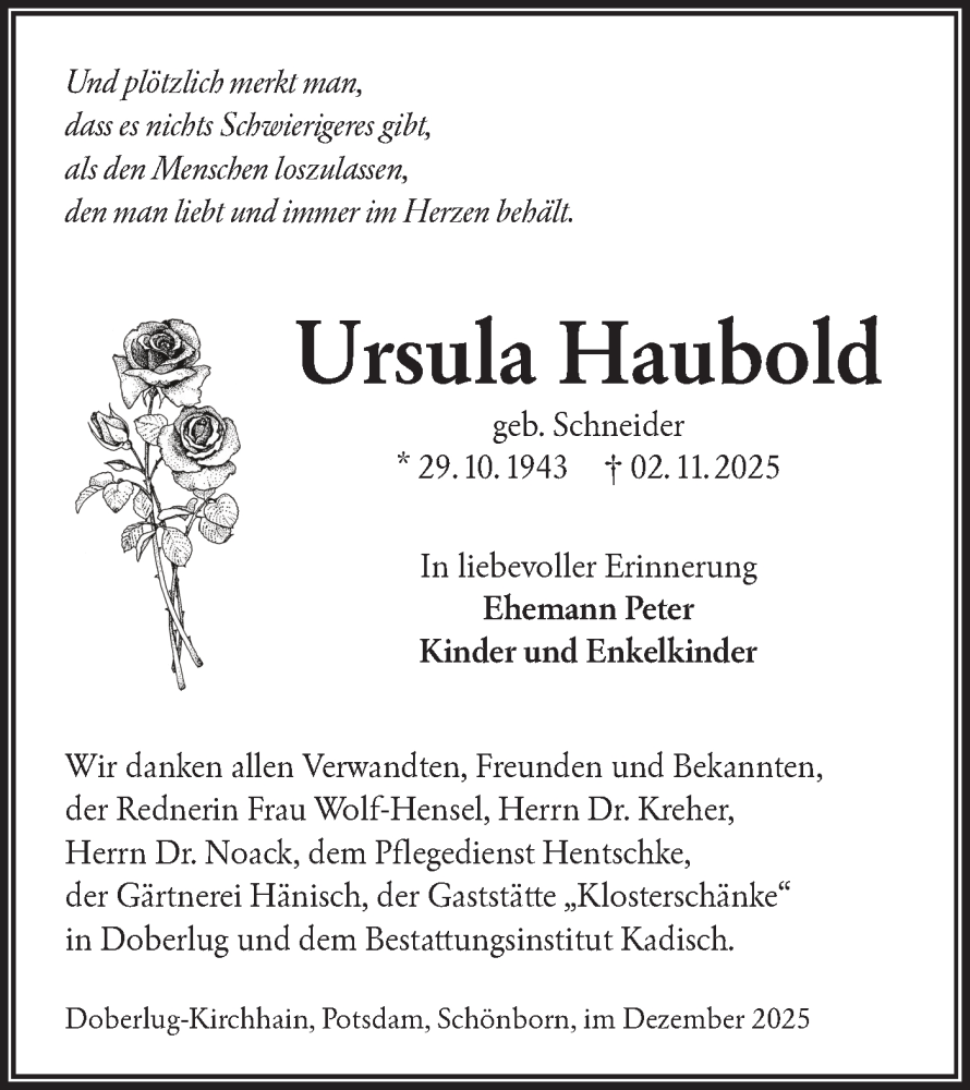  Traueranzeige für Ursula Haubold vom 13.12.2025 aus Lausitzer Rundschau