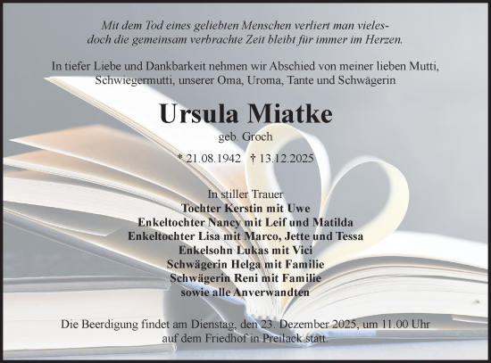 Traueranzeige von Ursula Miatke von Lausitzer Rundschau