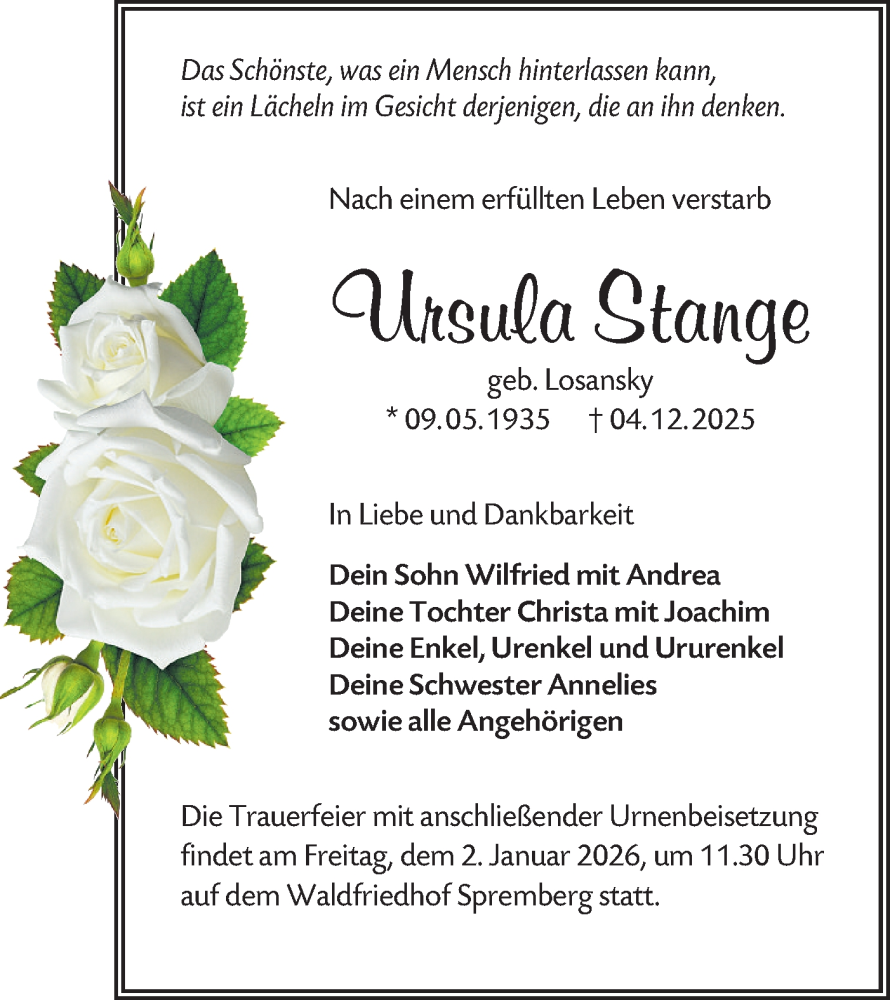  Traueranzeige für Ursula Stange vom 20.12.2025 aus Lausitzer Rundschau