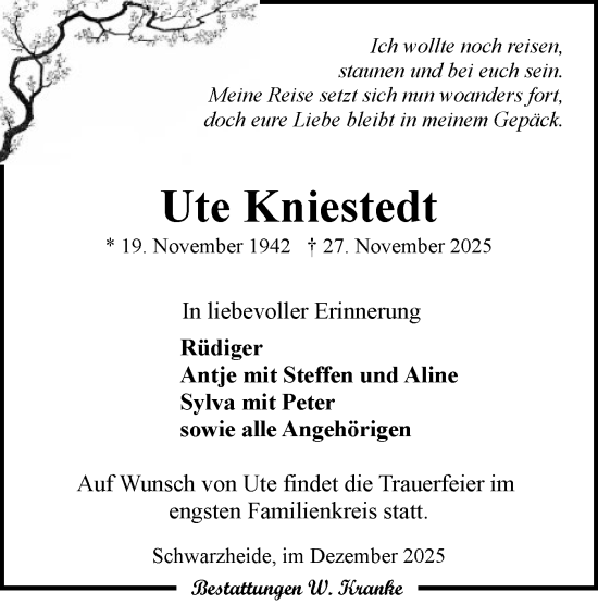 Traueranzeige von Ute Kniestedt von Lausitzer Rundschau