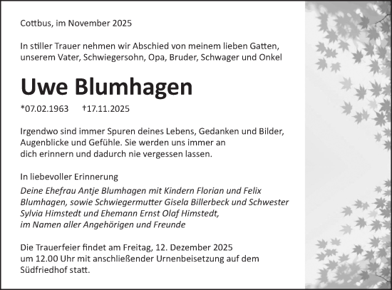 Traueranzeige von Uwe Blumhagen von Lausitzer Rundschau