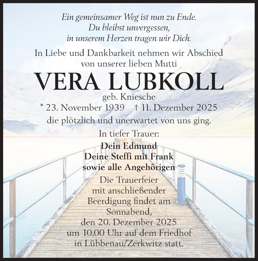  Traueranzeige für Vera Lubkoll vom 17.12.2025 aus Ausg. LR Spreewald RS