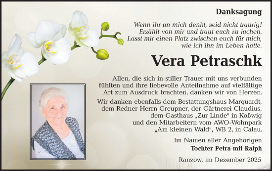 Traueranzeige von Vera Petraschk von Lausitzer Rundschau