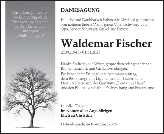 Traueranzeige von Waldemar Fischer von Lausitzer Rundschau