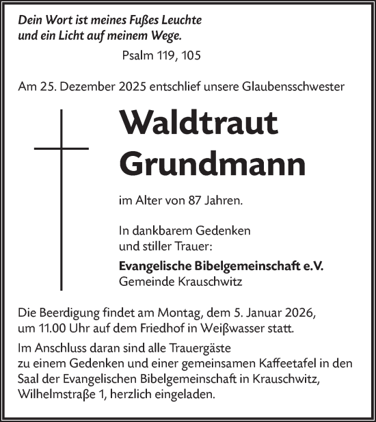 Traueranzeige von Waldtraut Grundmann von Lausitzer Rundschau