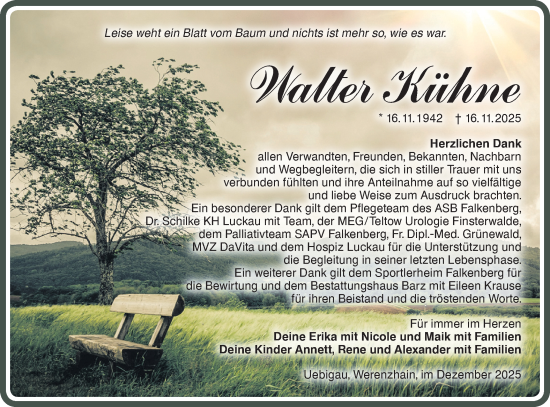 Traueranzeige von Walter Kühne von Lausitzer Rundschau