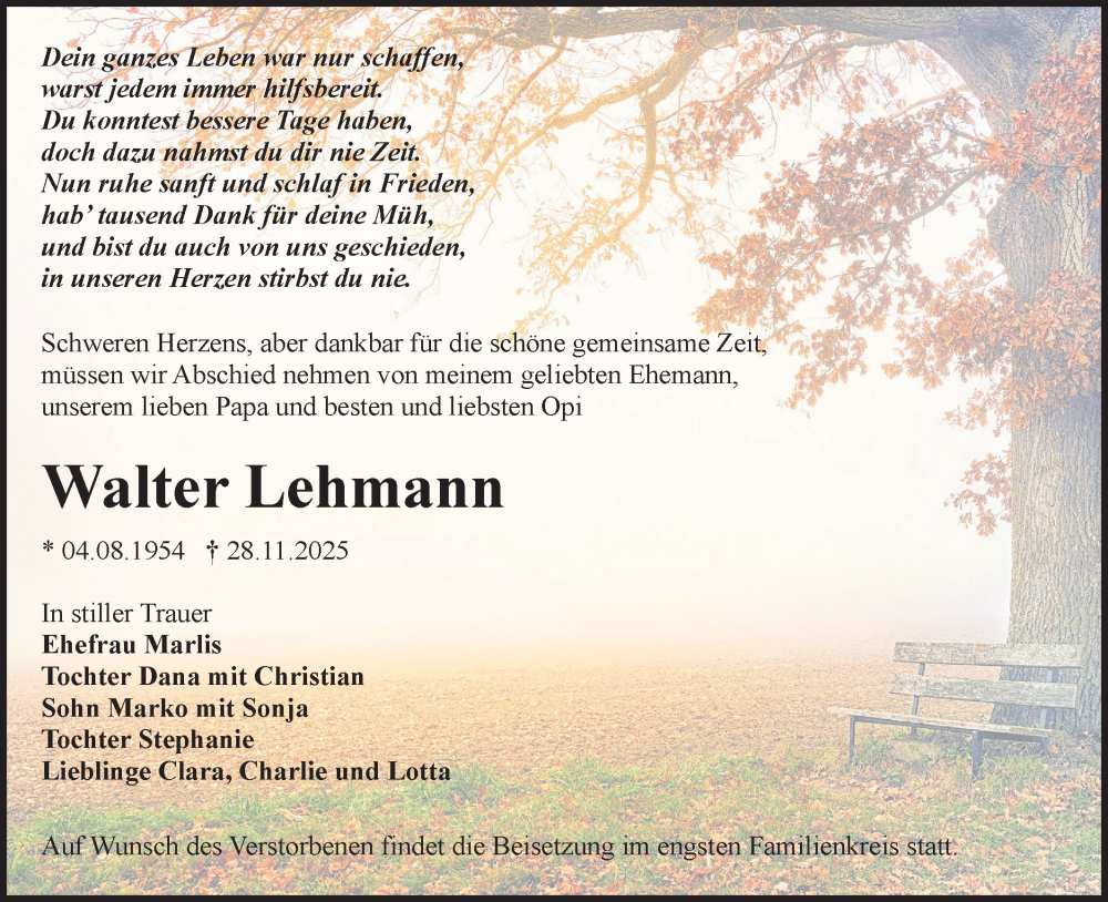 Traueranzeige für Walter Lehmann vom 13.12.2025 aus Lausitzer Rundschau