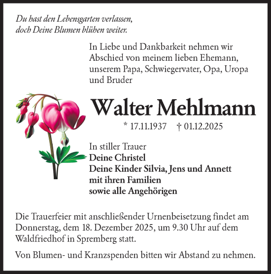 Traueranzeige von Walter Mehlmann von Lausitzer Rundschau