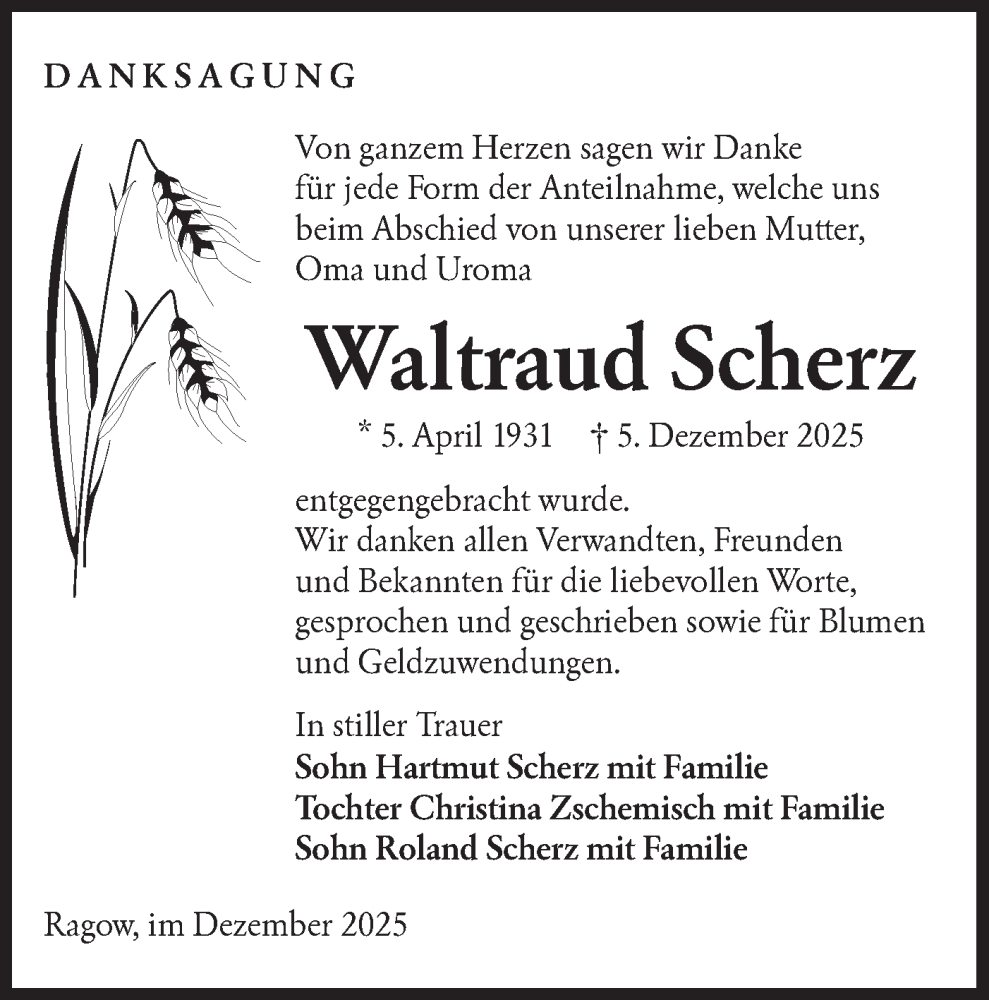  Traueranzeige für Waltraud Scherz vom 20.12.2025 aus Lausitzer Rundschau