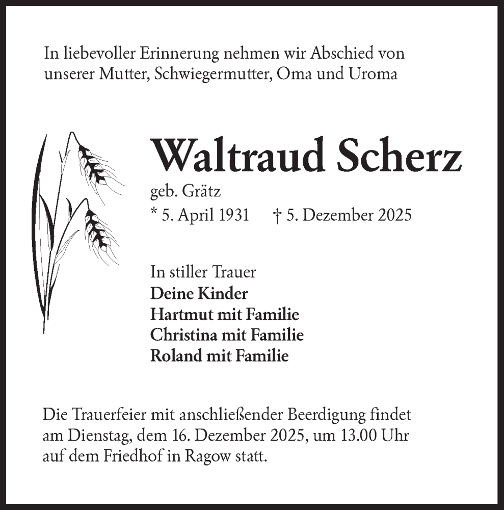  Traueranzeige für Waltraud Scherz vom 13.12.2025 aus Lausitzer Rundschau