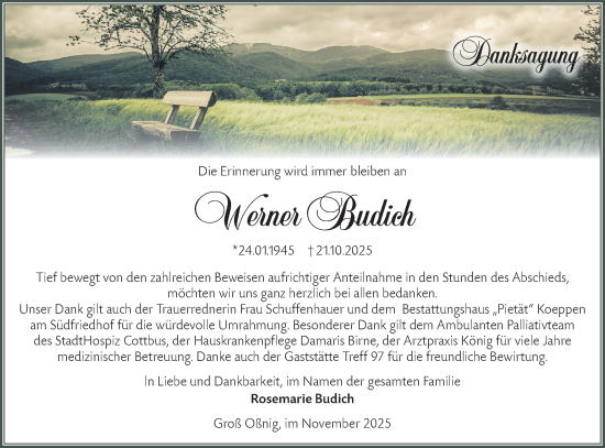 Traueranzeige von Werner Budich von Lausitzer Rundschau
