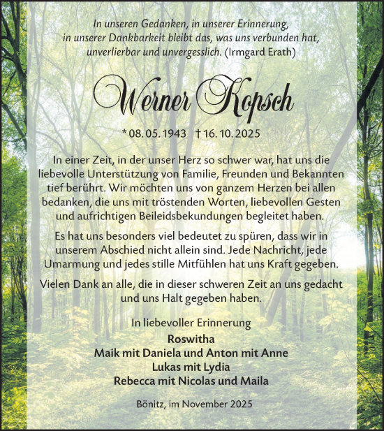 Traueranzeige von Werner Kopsch von Lausitzer Rundschau
