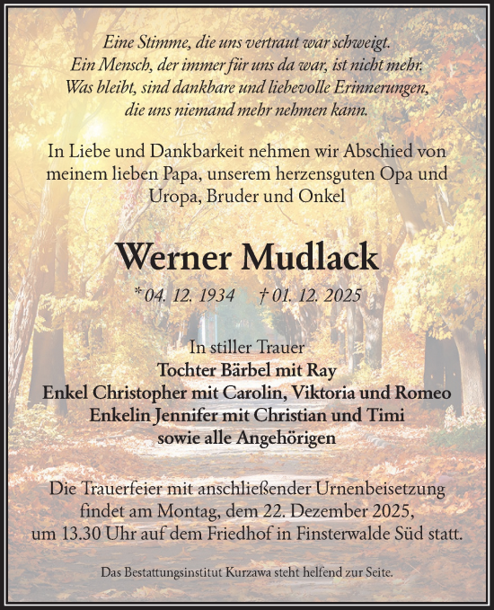 Traueranzeige von Werner Mudlack von Lausitzer Rundschau