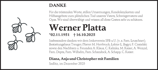 Traueranzeige von Werner Platta von Lausitzer Rundschau