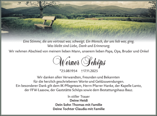Traueranzeige von Werner Schöps von Lausitzer Rundschau