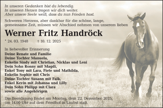 Traueranzeige von Werner Fritz Handröck von Lausitzer Rundschau