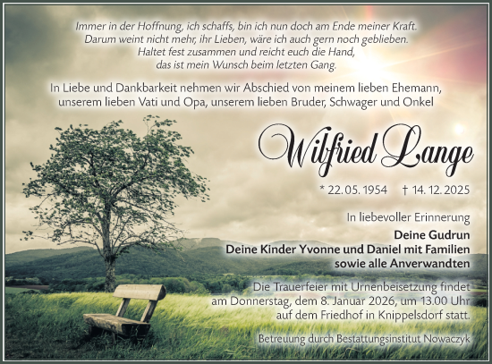 Traueranzeige von Wilfried Lange von Lausitzer Rundschau