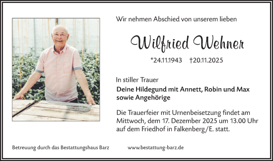Traueranzeige von Wilfried Wehner von Lausitzer Rundschau