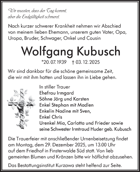 Traueranzeige von Wolfgang Kubusch von Lausitzer Rundschau