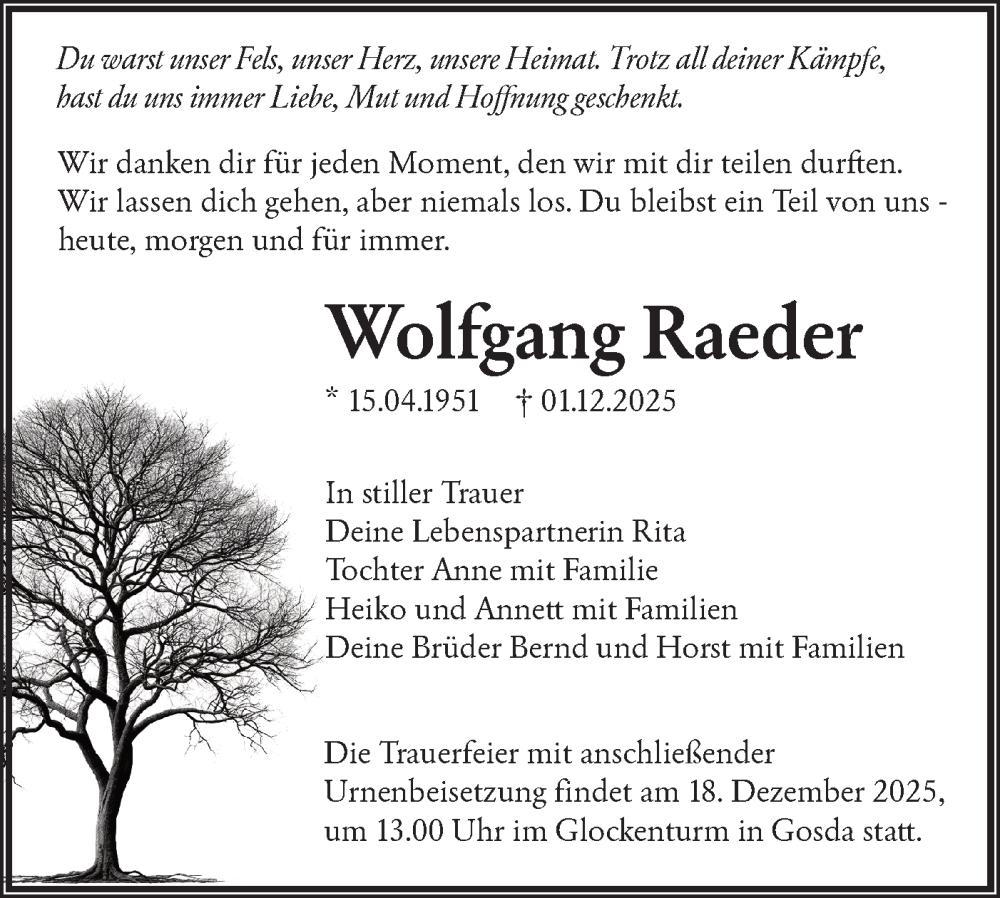  Traueranzeige für Wolfgang Raeder vom 13.12.2025 aus Lausitzer Rundschau