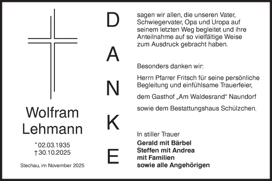 Traueranzeige von Wolfram Lehmann von Lausitzer Rundschau