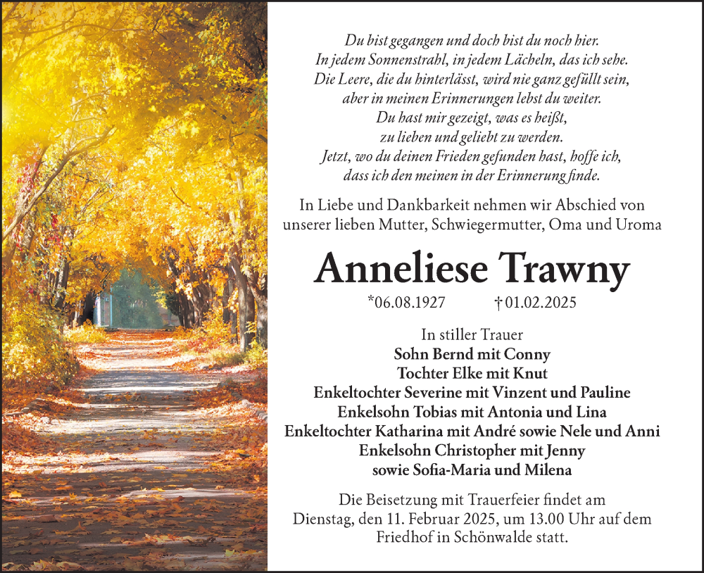  Traueranzeige für Anneliese Trawny vom 08.02.2025 aus Lausitzer Rundschau