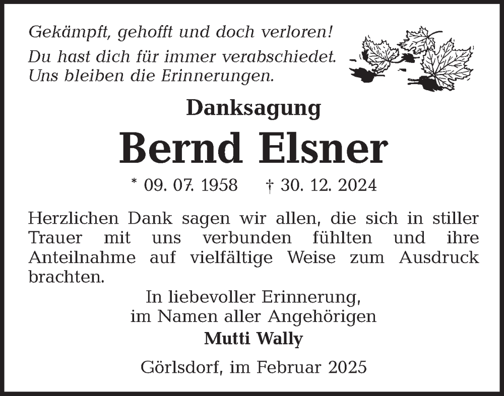  Traueranzeige für Bernd Elsner vom 08.02.2025 aus Lausitzer Rundschau