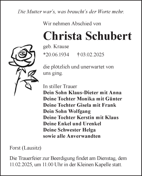 Traueranzeige von Christa Schubert von Lausitzer Rundschau