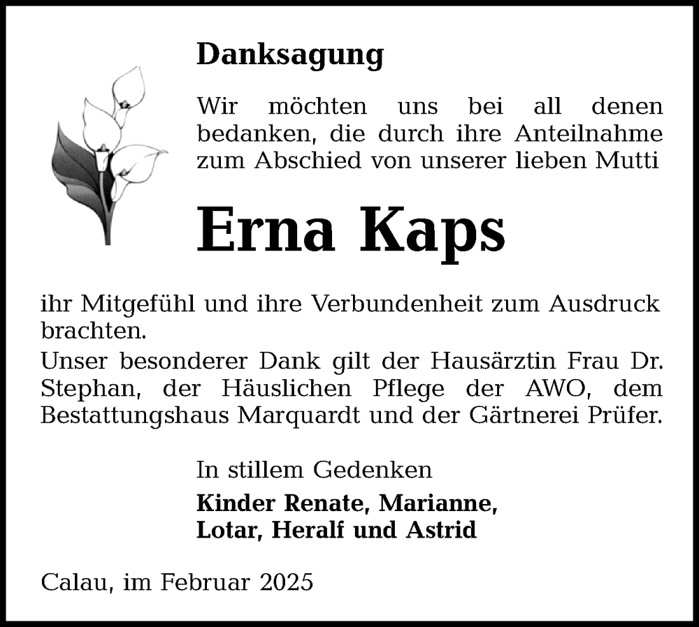  Traueranzeige für Erna Kaps vom 08.02.2025 aus Lausitzer Rundschau