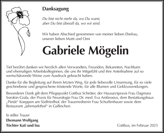 Traueranzeige von Gabriele Mögelin von Lausitzer Rundschau