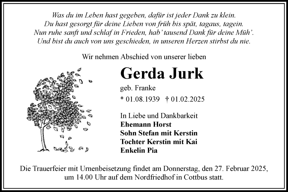  Traueranzeige für Gerda Jurk vom 15.02.2025 aus Lausitzer Rundschau