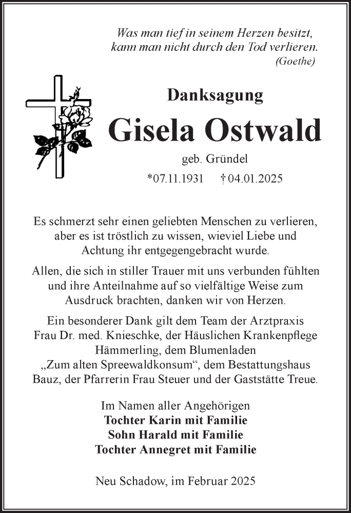  Traueranzeige für Gisela Ostwald vom 22.02.2025 aus Lausitzer Rundschau