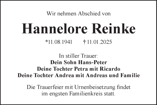 Traueranzeige von Hannelore Reinke von Lausitzer Rundschau