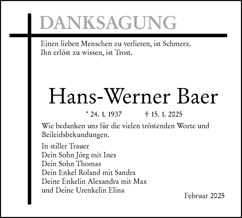  Traueranzeige für Hans-Werner Baer vom 08.02.2025 aus Lausitzer Rundschau