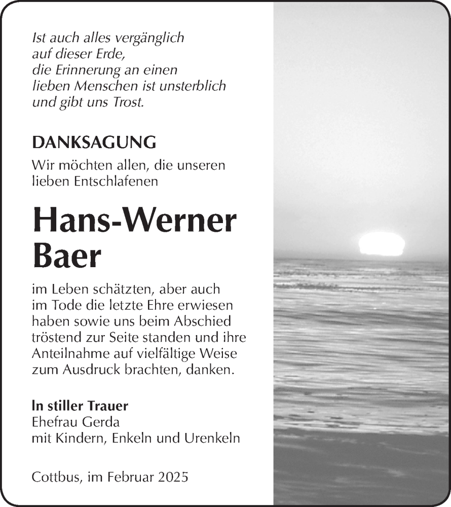  Traueranzeige für Hans-Werner Baer vom 15.02.2025 aus Lausitzer Rundschau