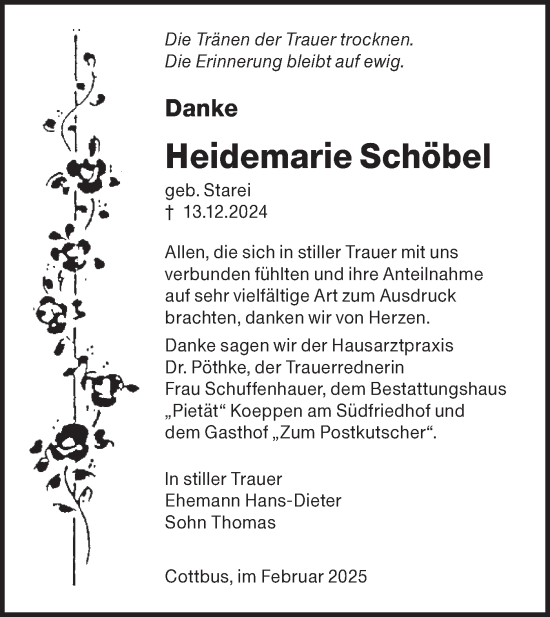 Traueranzeige von Heidemarie Schöbel von Lausitzer Rundschau