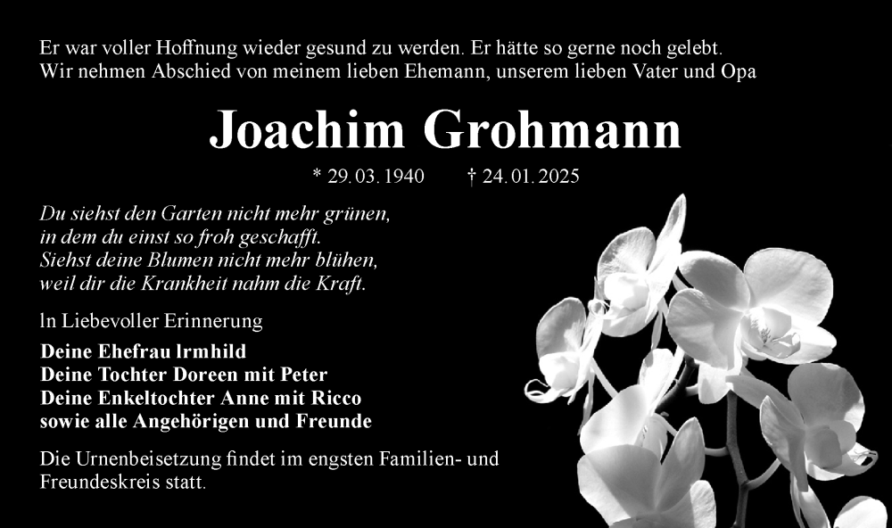  Traueranzeige für Joachim Grohmann vom 22.02.2025 aus Lausitzer Rundschau