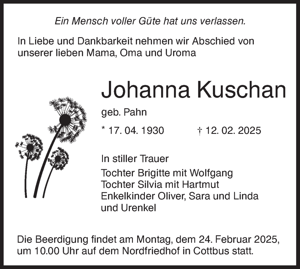  Traueranzeige für Johanna Kuschan vom 19.02.2025 aus Lausitzer Rundschau