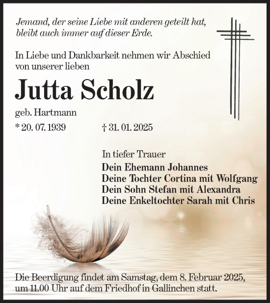 Traueranzeige von Jutta Scholz von Lausitzer Rundschau
