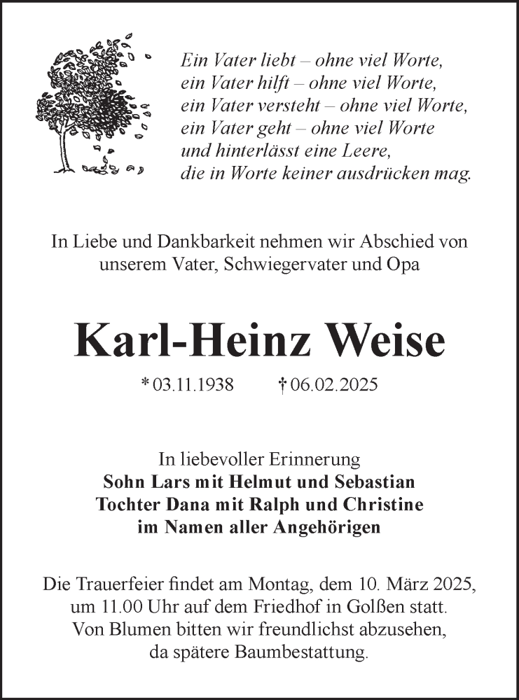  Traueranzeige für Karl-Heinz Weise vom 15.02.2025 aus Lausitzer Rundschau