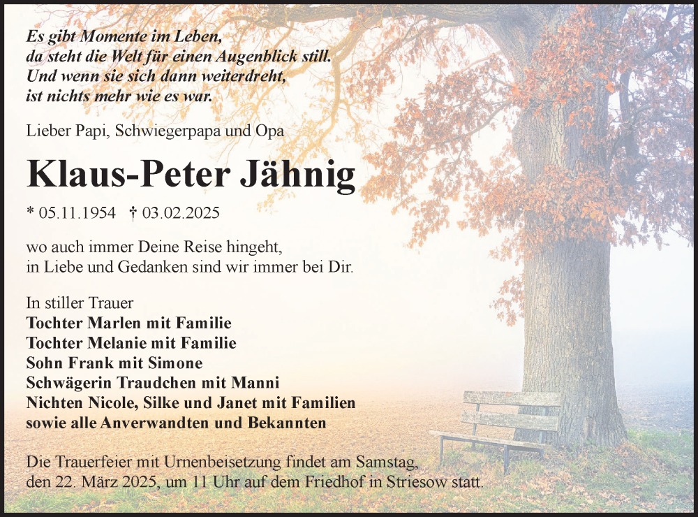  Traueranzeige für Klaus-Peter Jähnig vom 15.02.2025 aus Lausitzer Rundschau