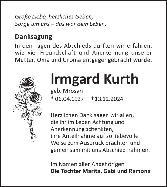 Traueranzeige von lrmgard Kurth von Lausitzer Rundschau