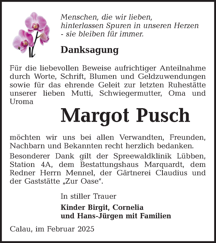  Traueranzeige für Margot Pusch vom 08.02.2025 aus Lausitzer Rundschau