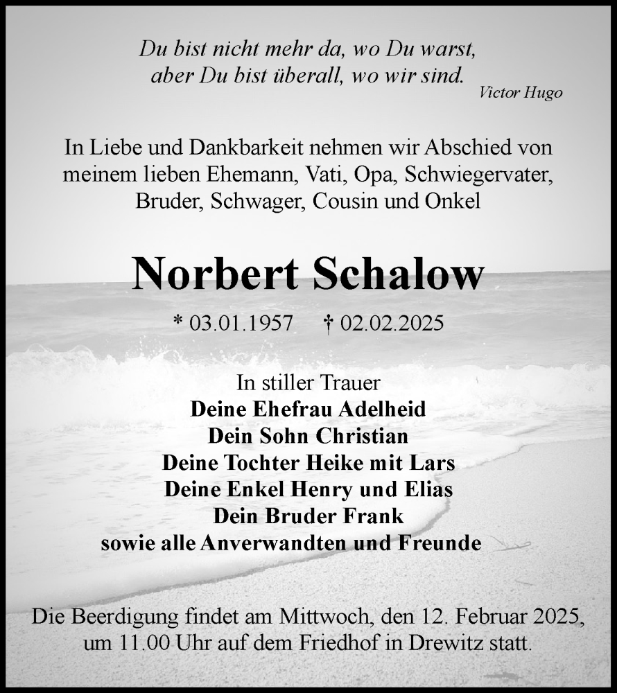  Traueranzeige für Norbert Schalow vom 08.02.2025 aus Lausitzer Rundschau