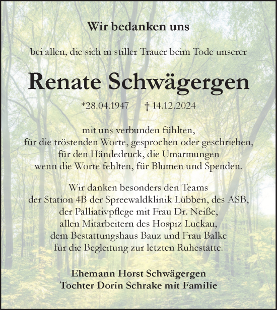 Traueranzeige von Renate Schwägergen von Lausitzer Rundschau