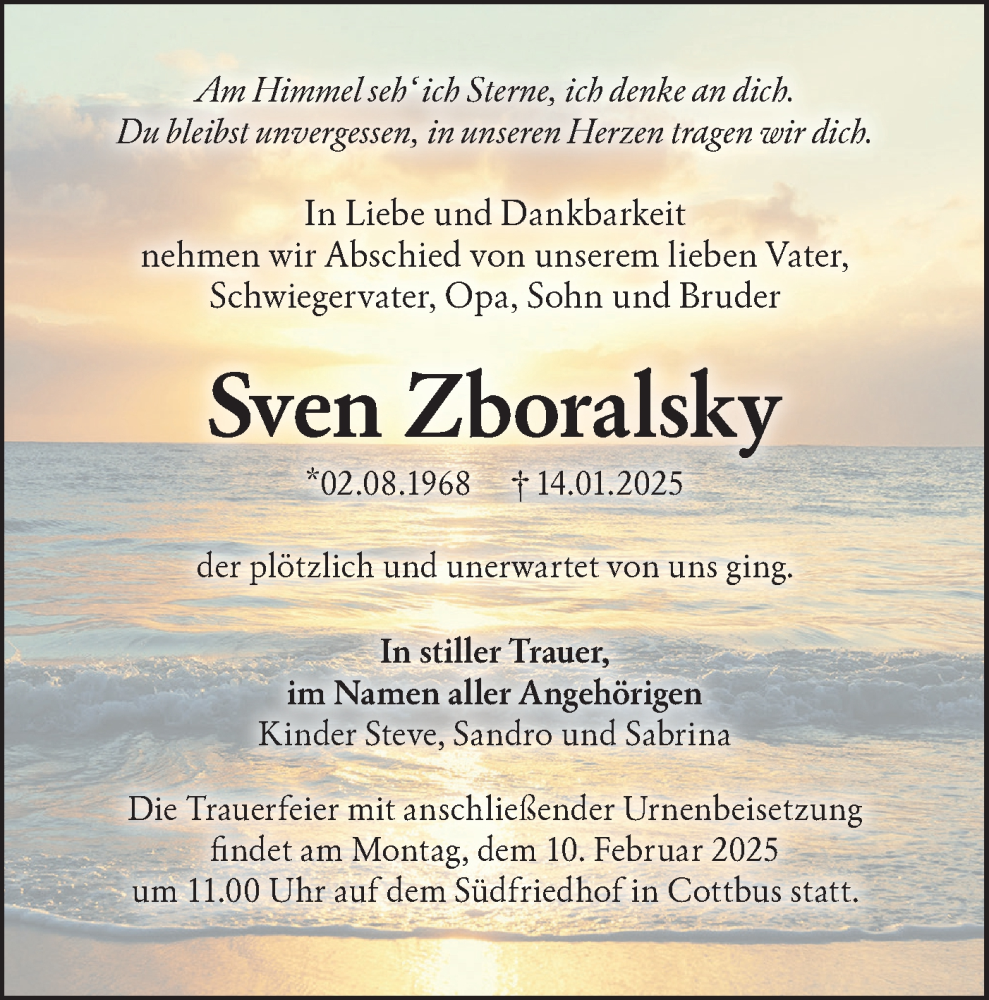  Traueranzeige für Sven Zboralsky vom 01.02.2025 aus Lausitzer Rundschau