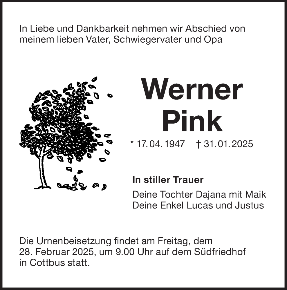  Traueranzeige für Werner Pink vom 15.02.2025 aus Lausitzer Rundschau