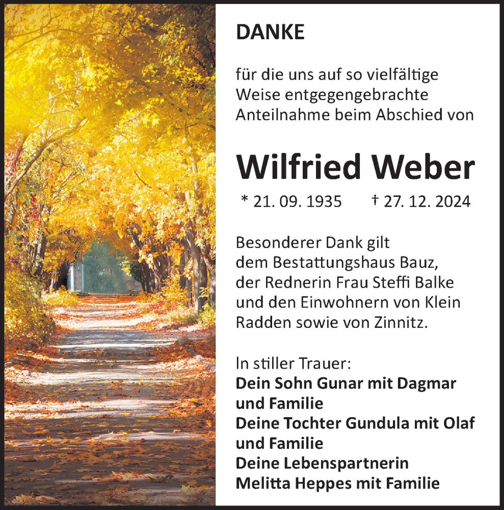  Traueranzeige für Wilfried Weber vom 08.02.2025 aus Lausitzer Rundschau